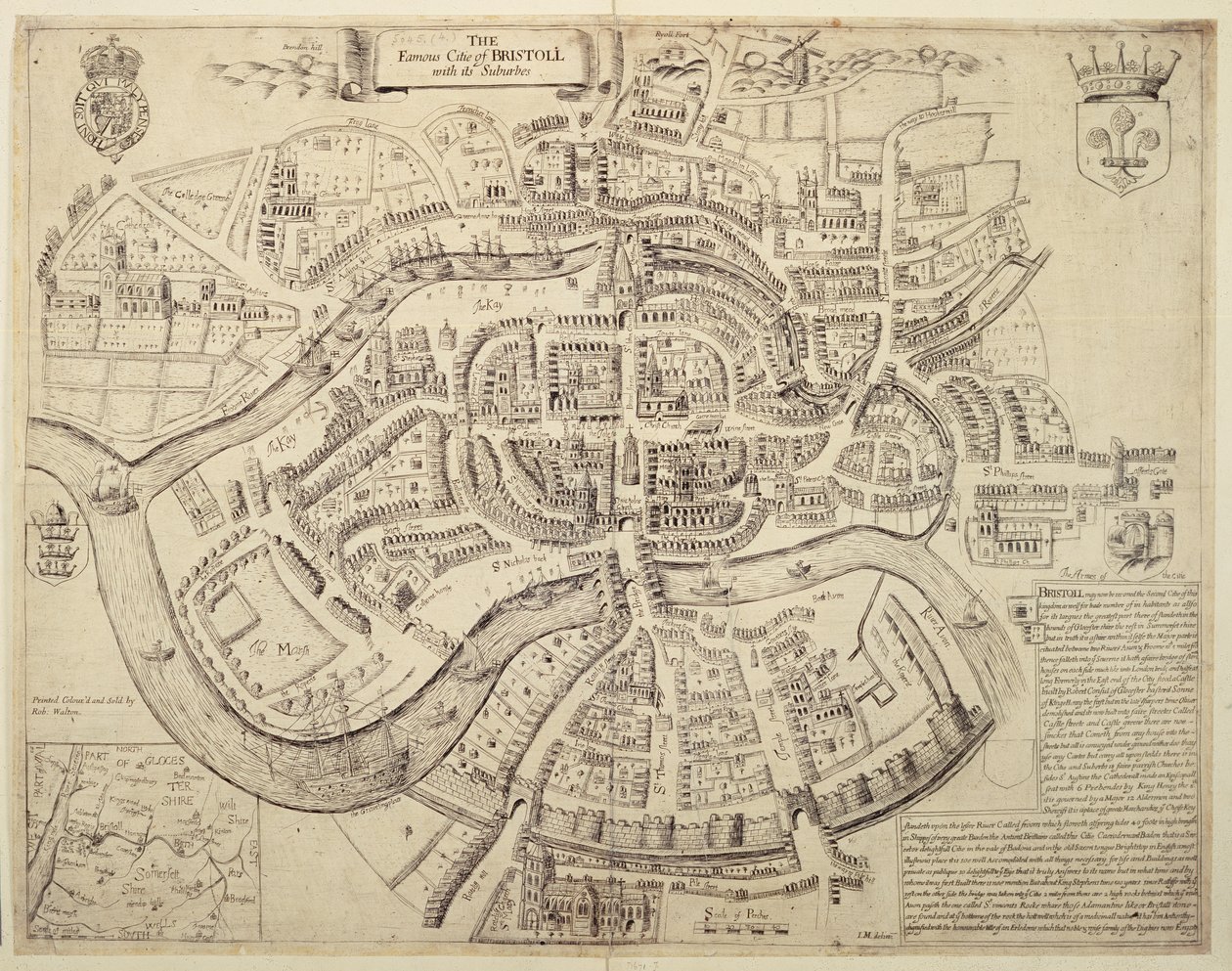 Ancient City Map of Bristol and its Suburbs, printed, coloured and sold by Robert Walton by English School