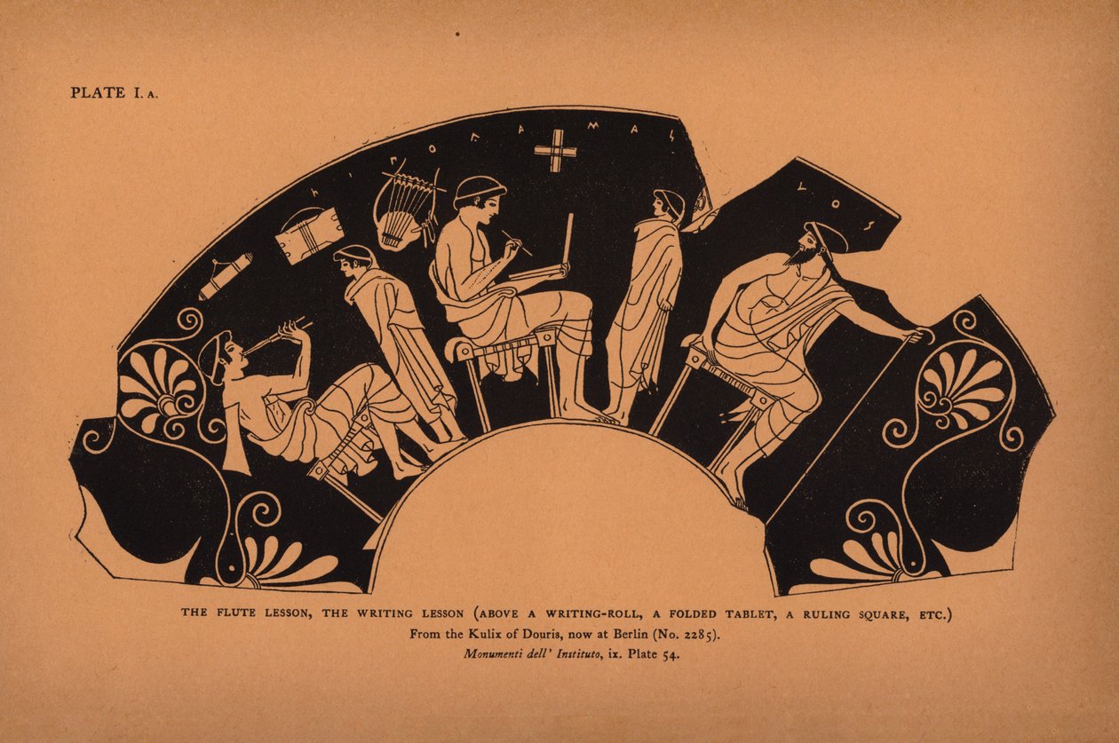 Ancient Greek Education: The flute lesson, the writing lesson, above a writing-roll, a folded tablet, a ruling square by English School