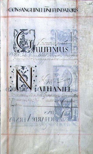 Page listing three benefactors of New College, Oxford: Gulielmus, Nathaniel, from a Benefaction Book by English School