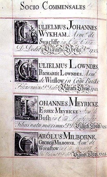 Page listing four benefactors of New College, Oxford; Gulielmus Johannes Wykham, Gulielmus Lowndes, Johannes Meyricke and Carolus Milborne by English School