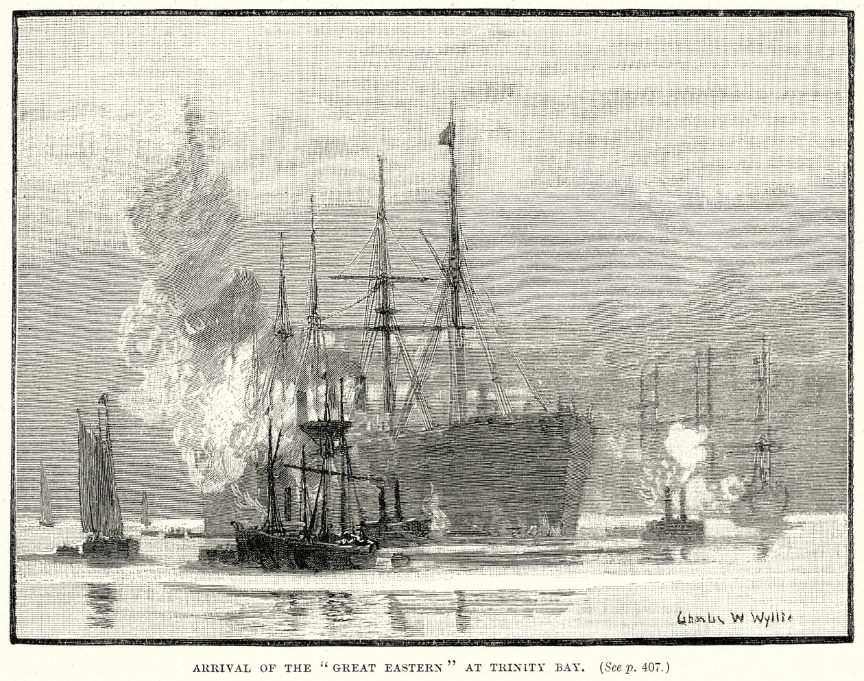 Arrival of the Great Eastern at Trinity Bay (engraving) by English School