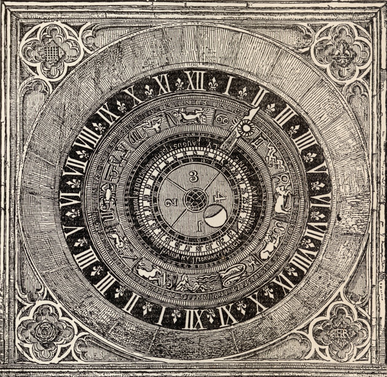 Astronomical clock in Hampton Court Palace, from History of Hampton Court Palace in Tudor Times by Ernest Law, published London 1885 by English School