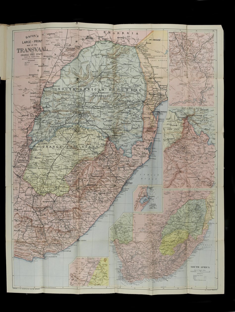 Bacon’s Large-Scale Map of the Transvaal Orange Free State and Natal with extension south to Port Elizabeth, South Africa by English School