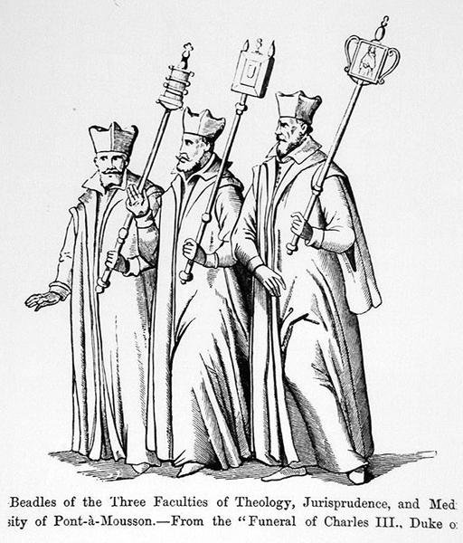 Beadles of the Three Faculties of Theology, Jurisprudence and Medicine (illustration from Science and Literature in the Middle Ages and the Renaissance) by English School