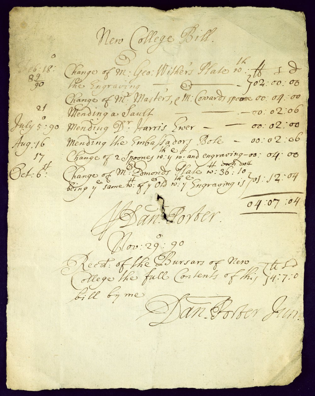 Bill from Daniel Porter to New College, 1690 by English School