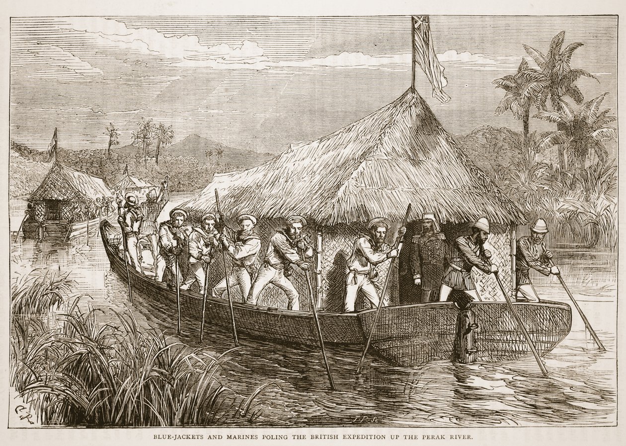 Blue-Jackets and Marines Poling the British Expedition up the Perak River, illustration from Cassell