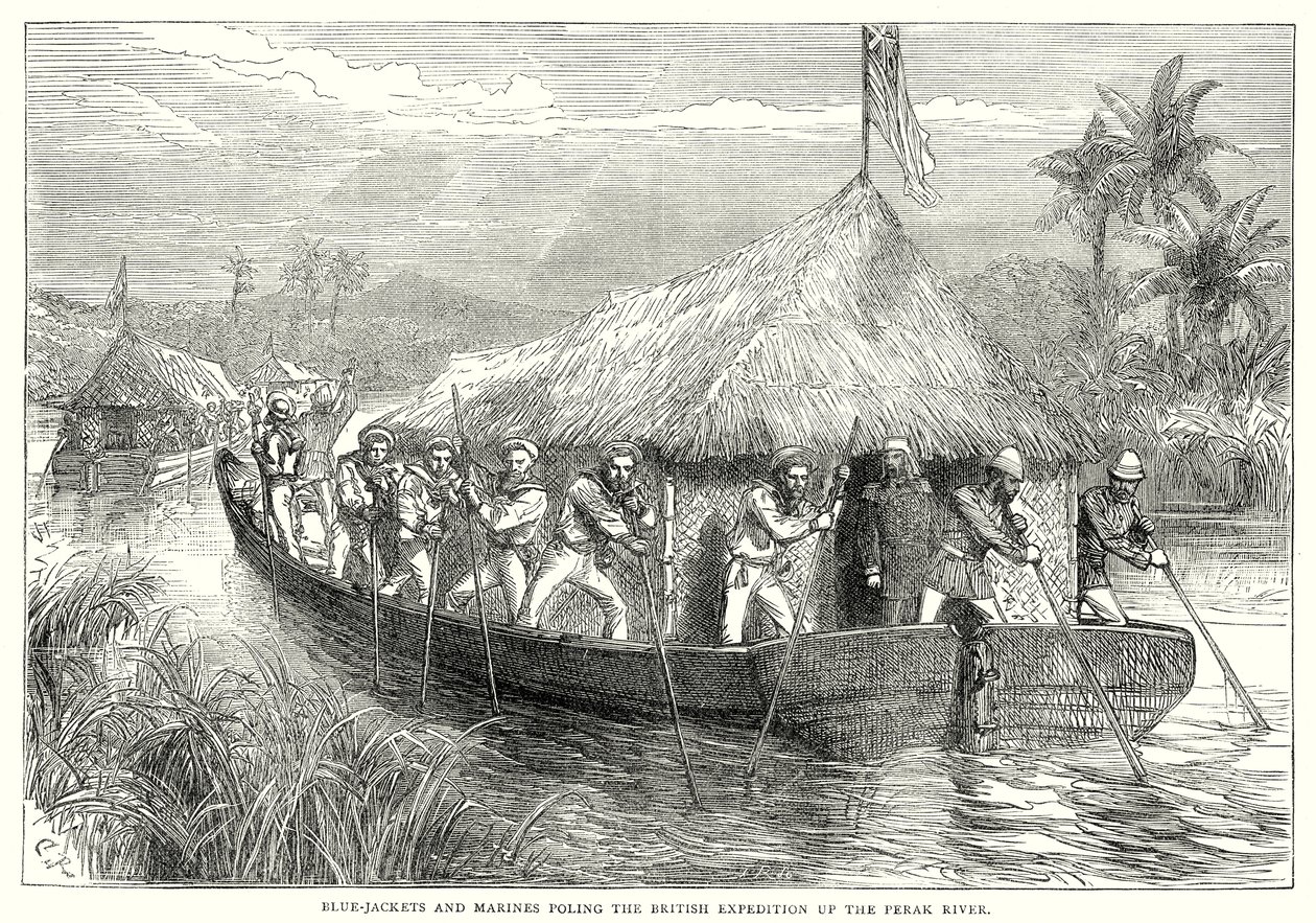 Blue Jackets and Marines Poling the British Expedition up the Perak River by English School