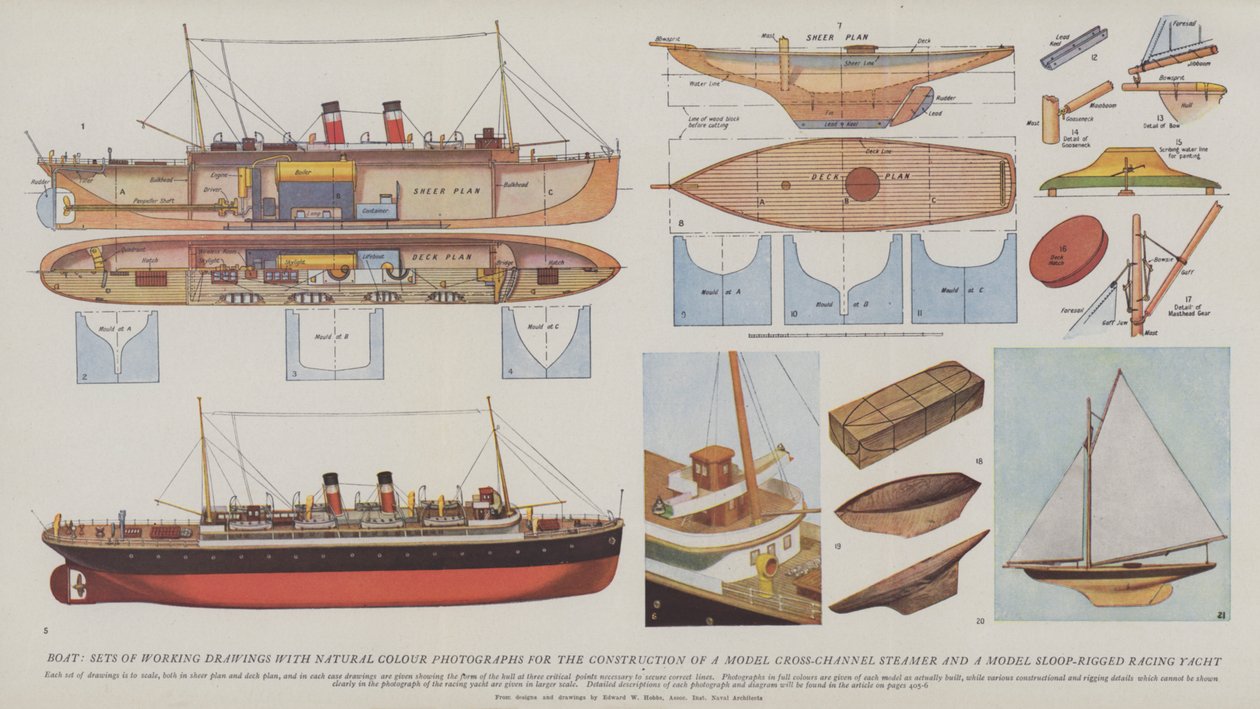 Boat, Sets of Working Drawings with Natural Colour Photographs for the Construction of a Model Cross-Channel Steamer and a Model Sloop-Rigged Racing Yacht by English School