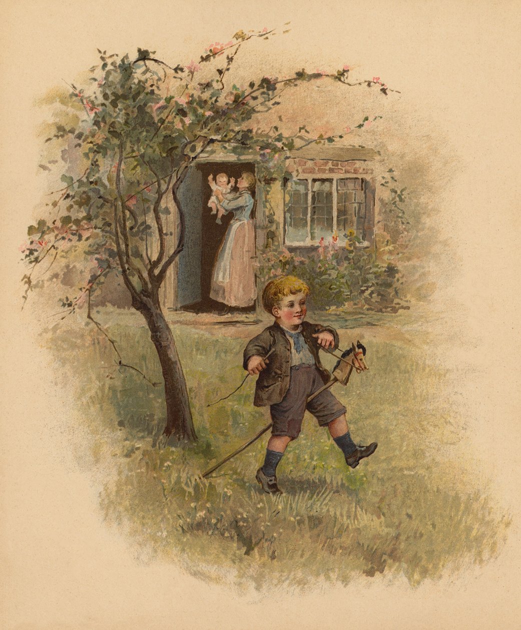 Boy riding his hobby horse in the garden by English School