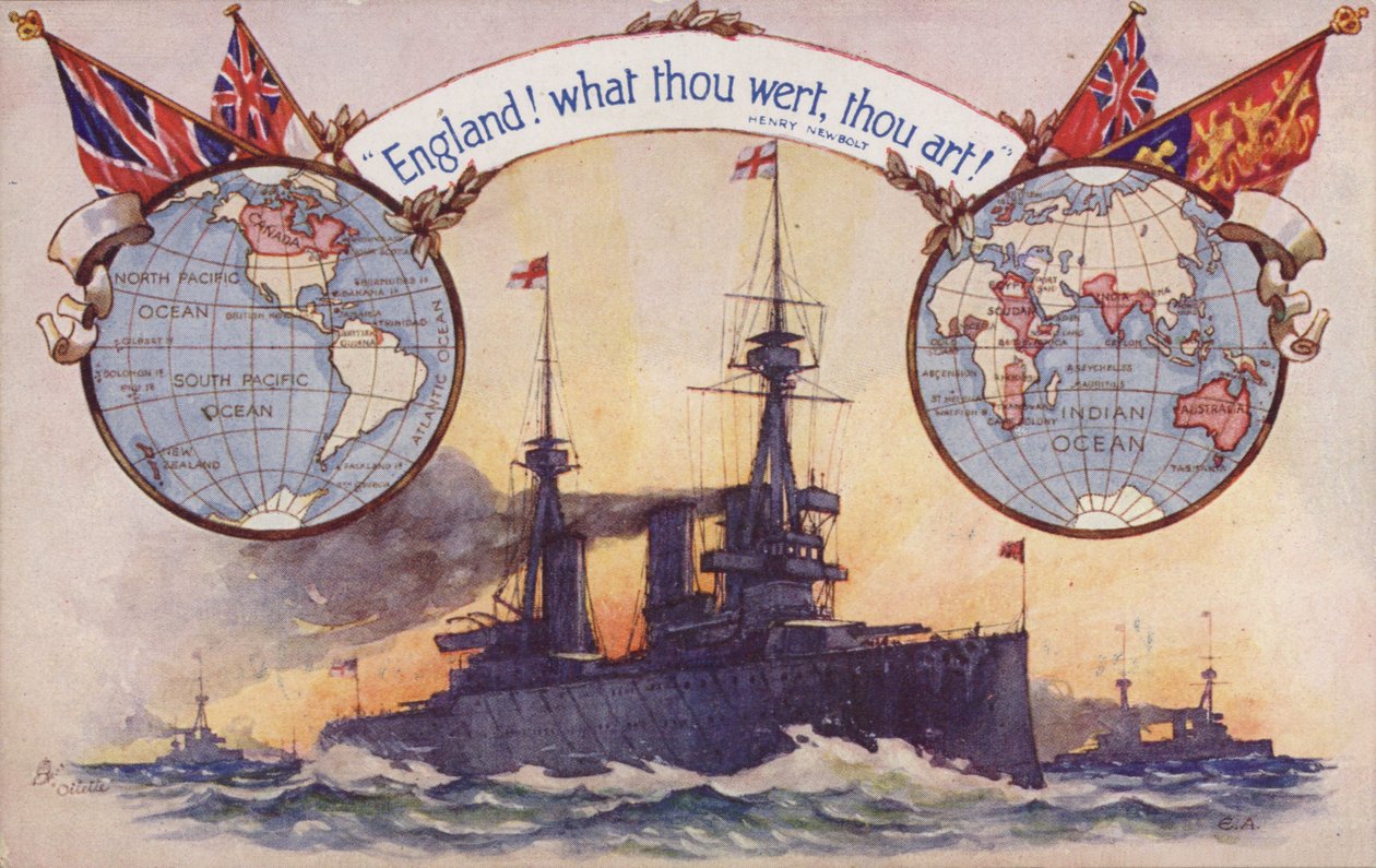 British Battleship with Maps and Flags of British Empire by English School