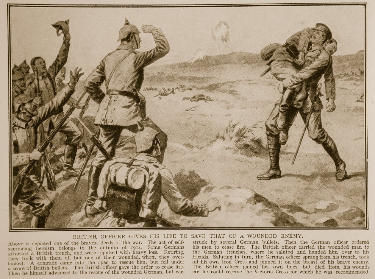 British officer gives his life to save that of a wounded enemy by English School