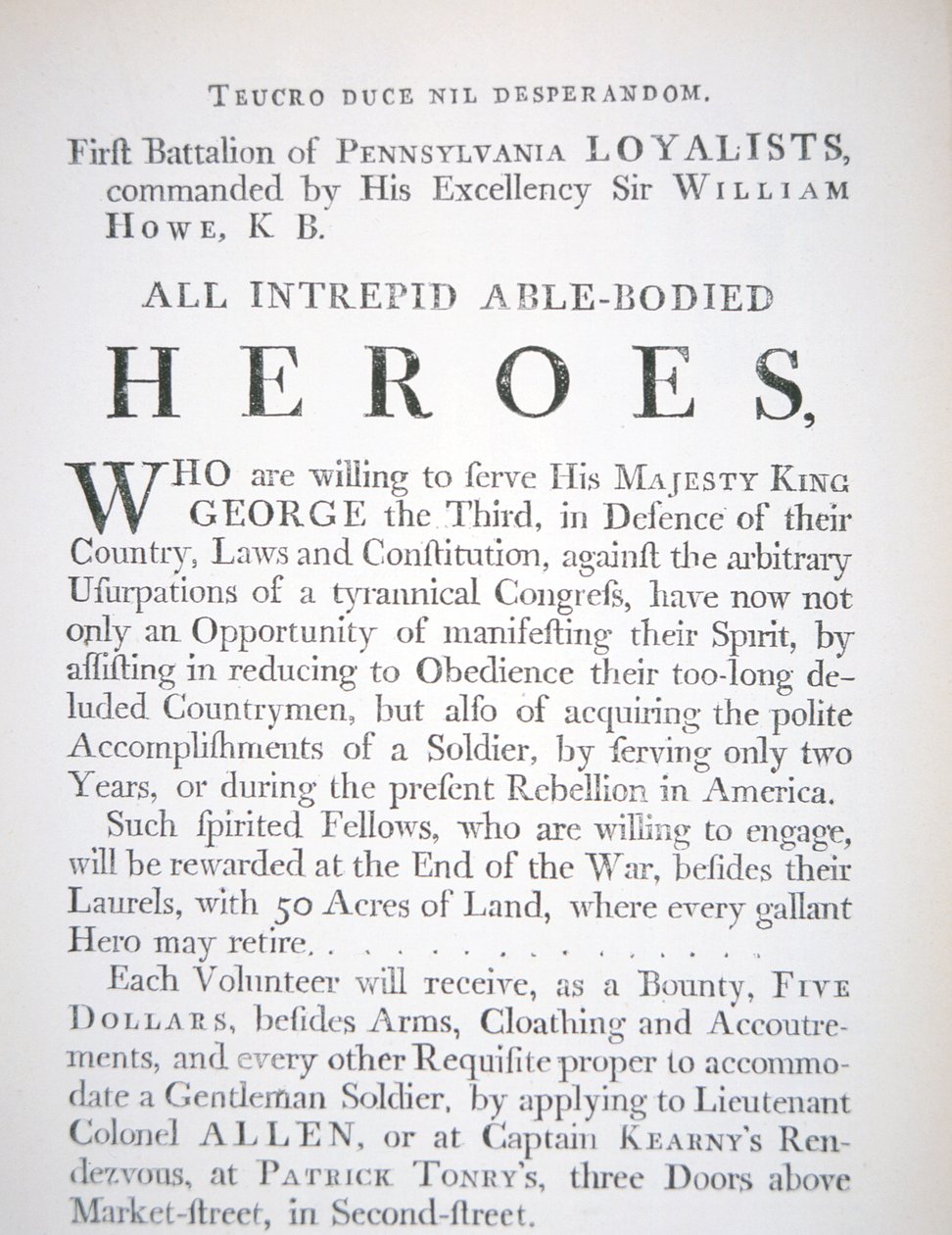 British recruitment poster for the First Battalion of Pennsylvania Loyalists, during the American Revolutionary War by English School
