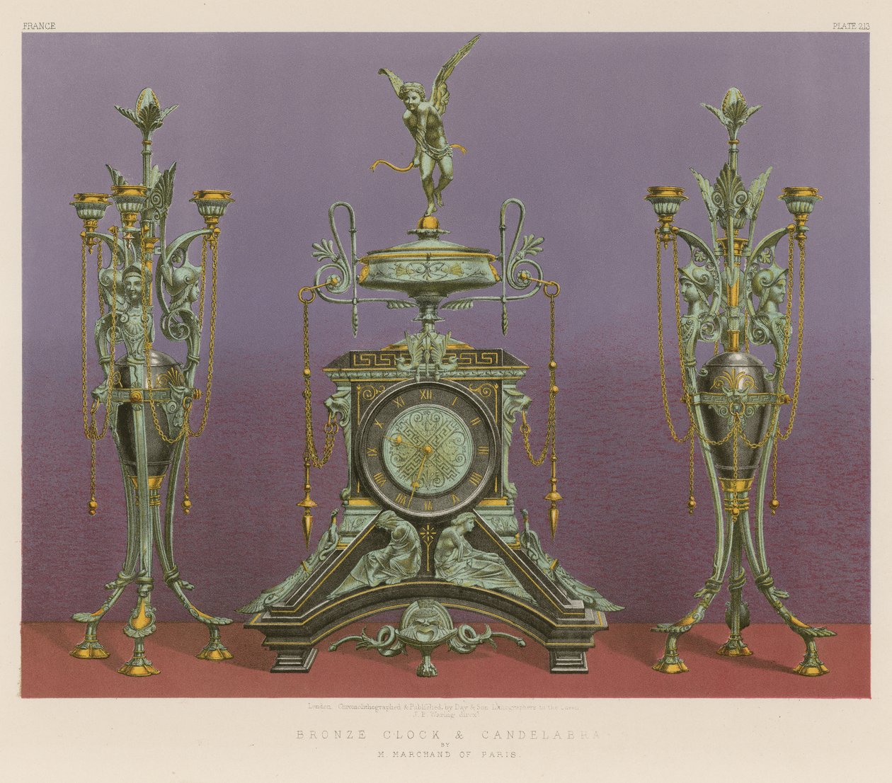 Bronze Clock and Candelabra by M Marchand of Paris by English School