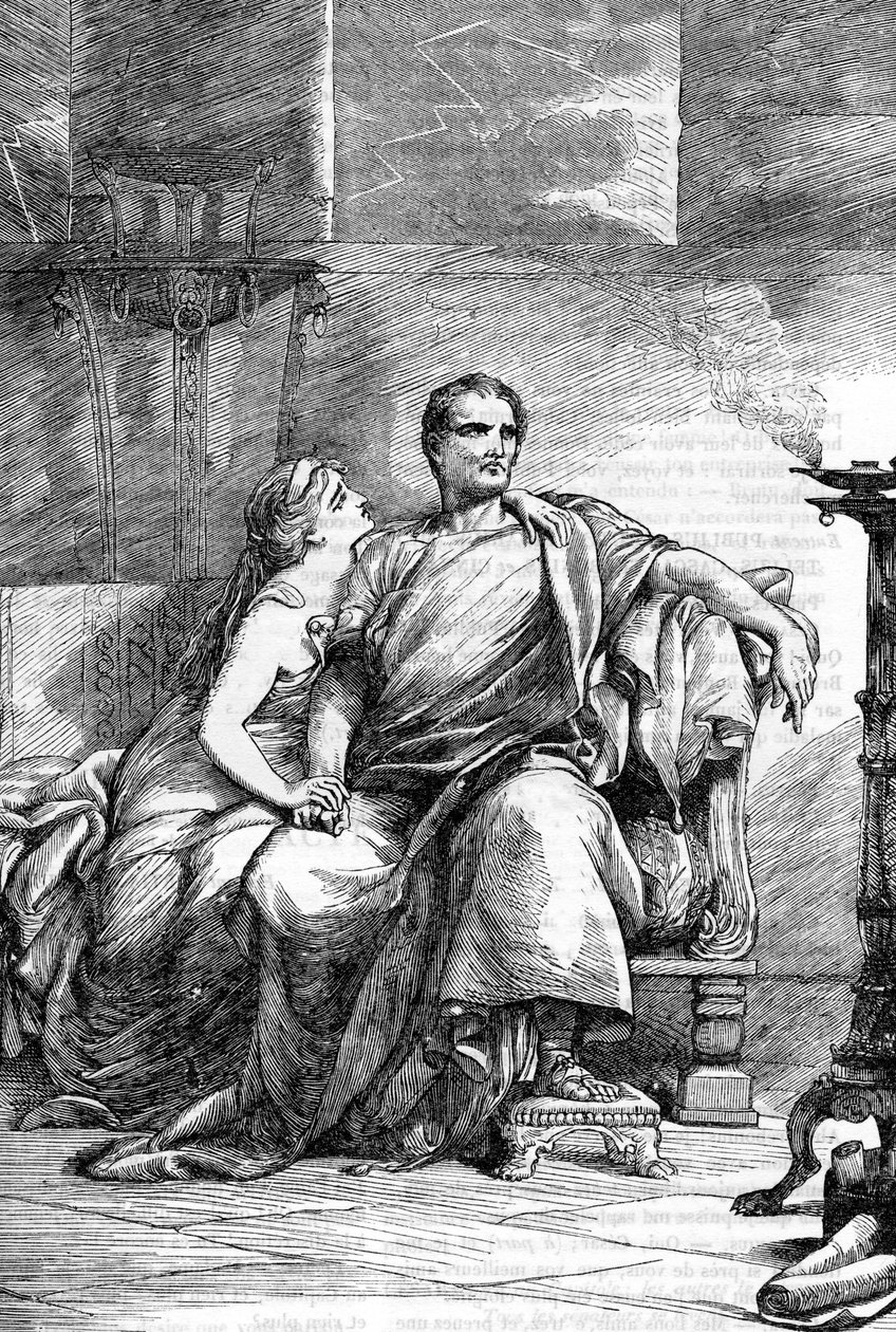 Calpurnia (Calpurnia Pisonis) and Caesar - Jules Cesar - The Tragedy of Julius Caesar - Illustration in “” Completes de William Shakespeare”” 1866 - The illustrations and general form of this edition are borrowed from Cassell