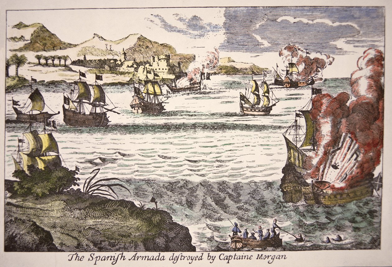 Captain Morgan defeats Spanish warships blocking the mouth of Lake Maracaibo in 1669 by English School