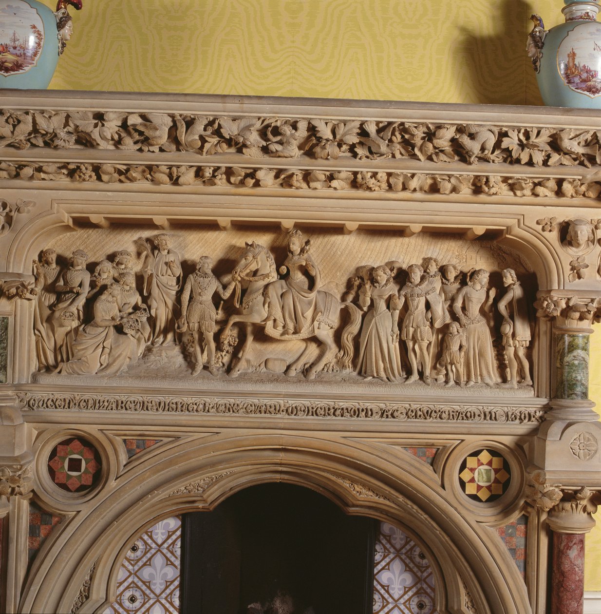 Carved Fireplace in the Drawing Room, Depicting Elizabeth I Being Greeted by the Earl of Hereford in 1591, 16th Century by English School