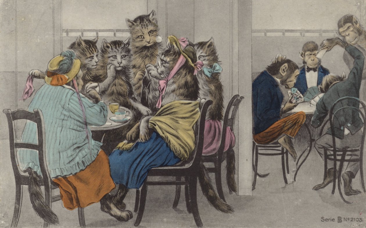 Cats Drinking Tea and Monkeys Playing Cards by English School