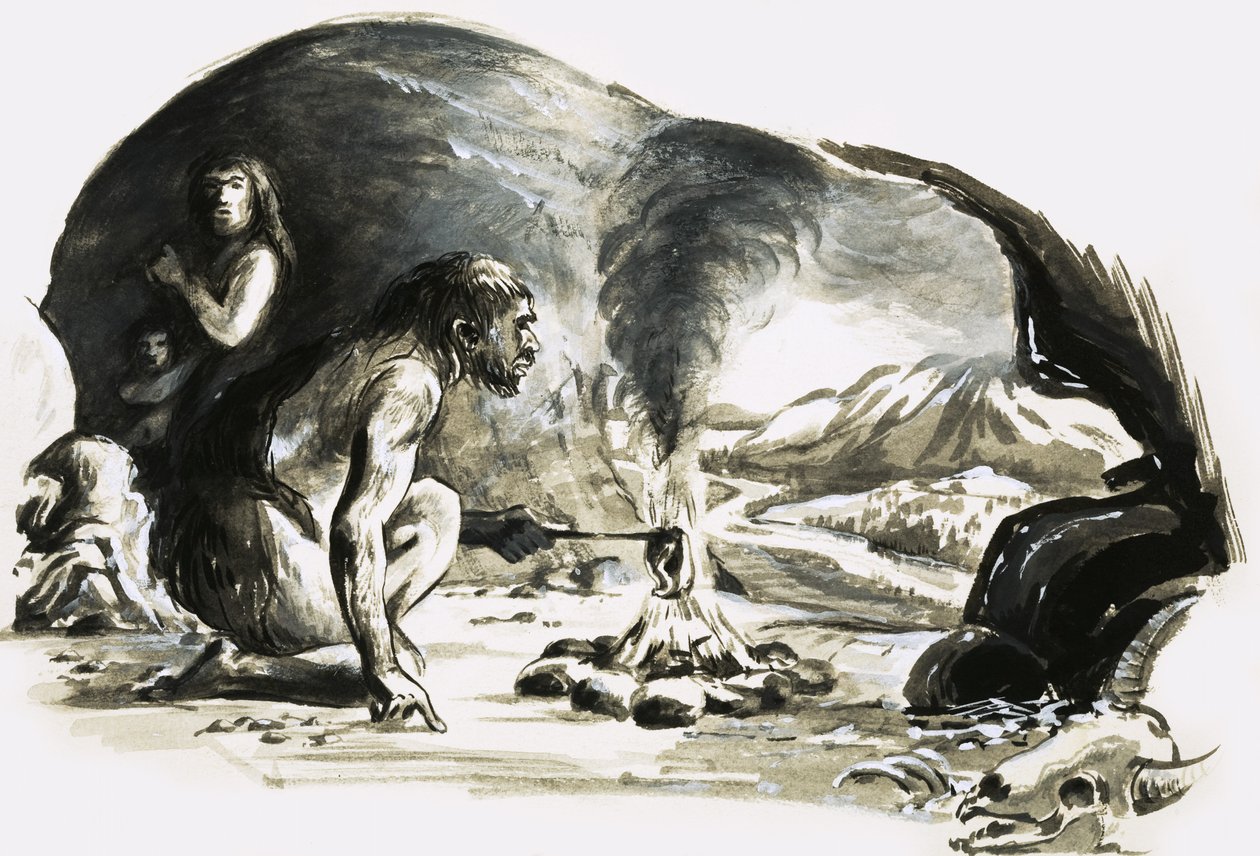 Cave Man Cooking by English School