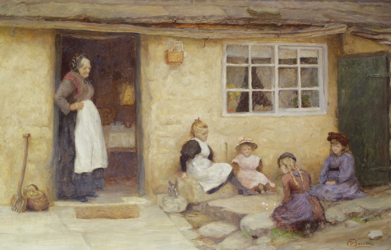 Children Playing Dice by a Cottage by English School