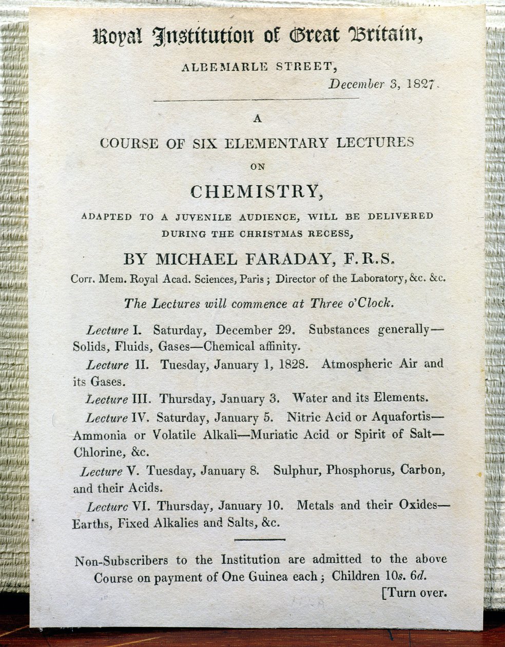 Christmas Handbill for Six Elementary Lectures on Chemistry by Michael Faraday 3 December 1827 by English School