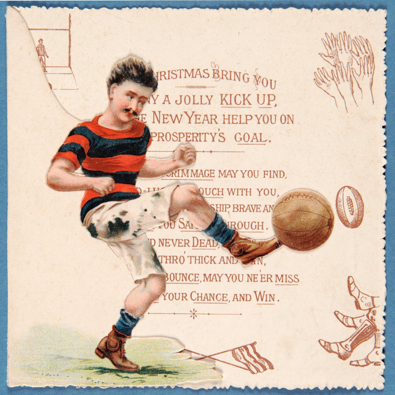 Christmas card depicting a footballer kicking a ball, c.1890s by English School