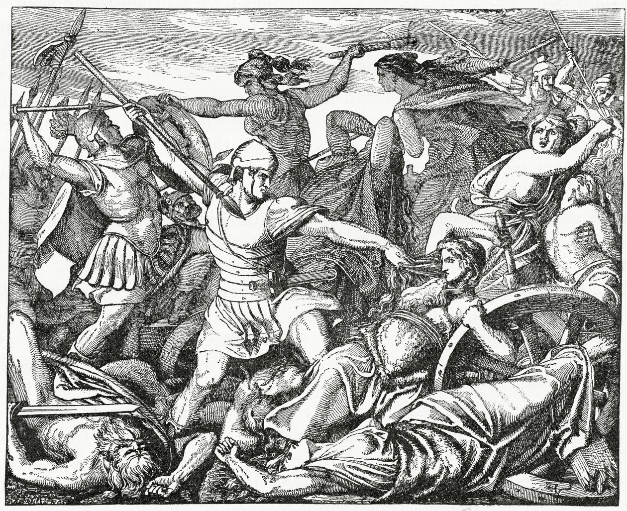 Cimbric Women defend their Wagon Fort from Roman soldiers, 1882 by English School