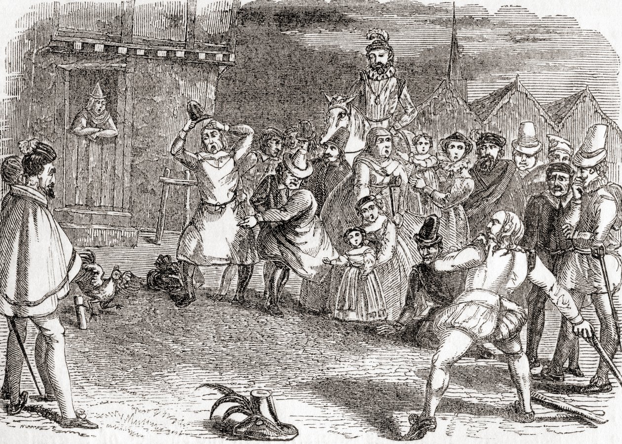 Cock Throwing, aka Cock-Shying or Throwing at Cocks, from Old England: A Pictorial Museum, pub. 1847 by English School
