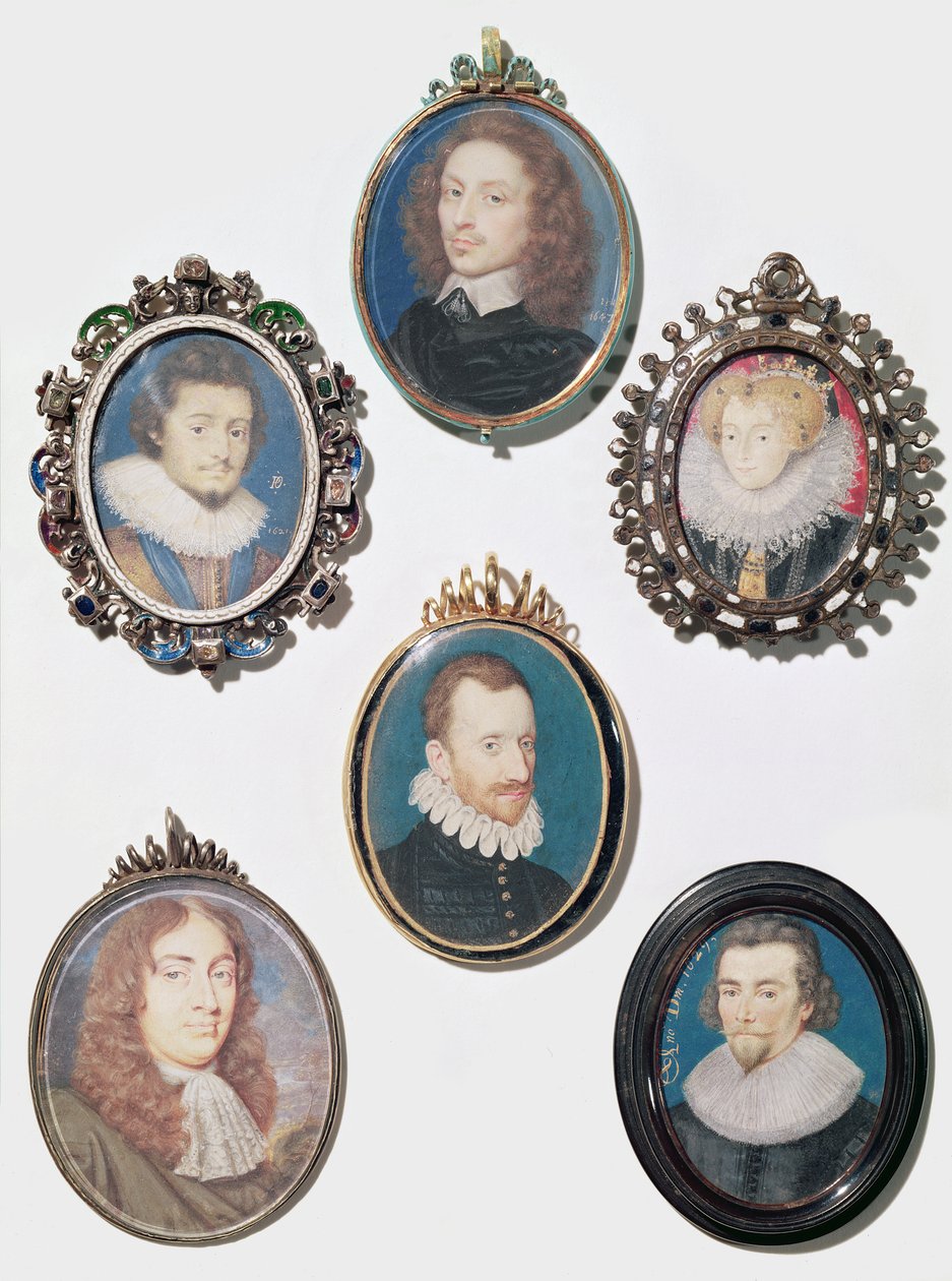 Collection of miniatures, LtoR, top row: Frederich V (1596-1632) Elector Palatine, King of Bohemia by English School