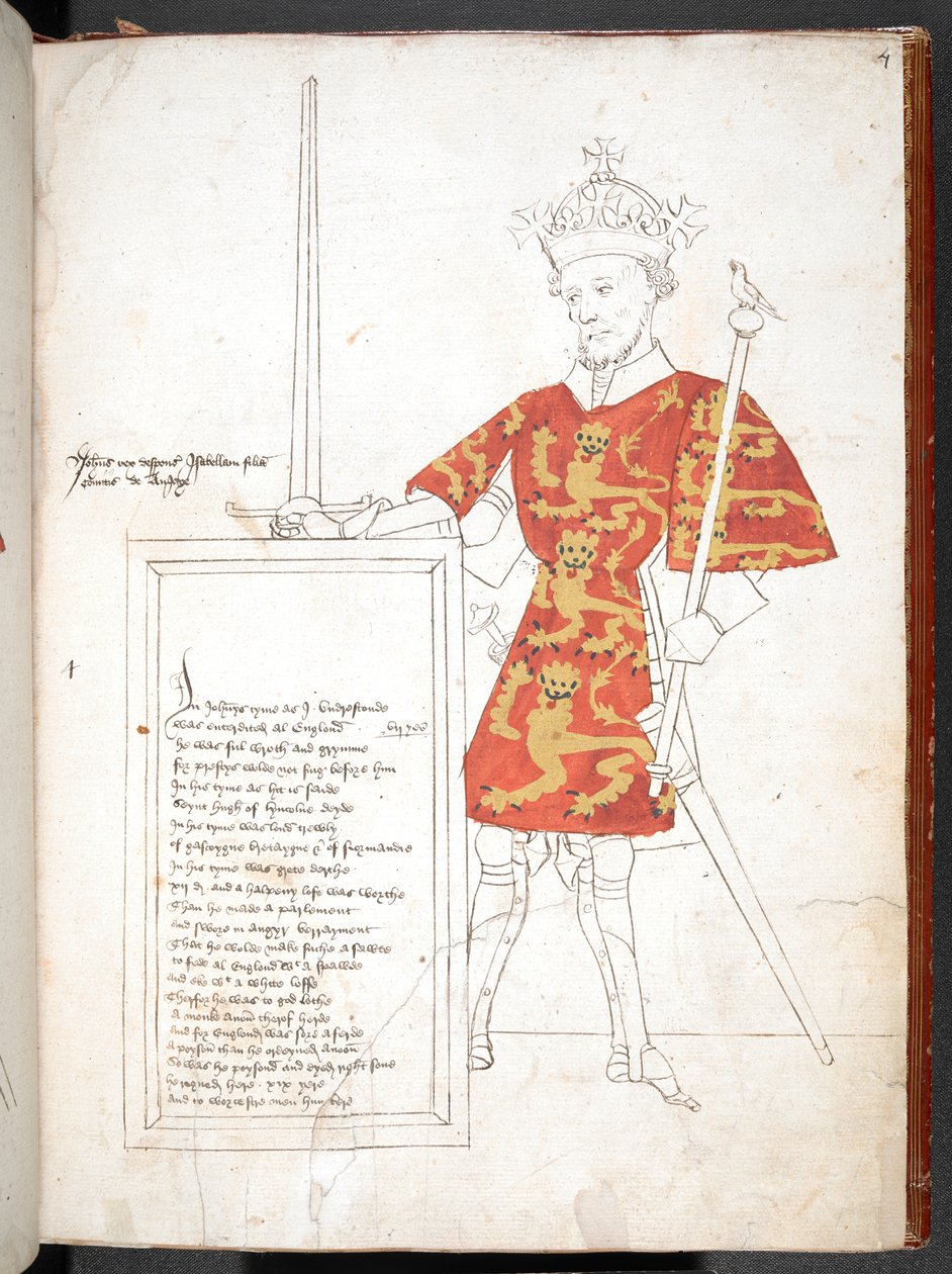 Coloured drawing of an English king in armour and tabard (King John), presenting a plaque with verses. Unfinished by English School