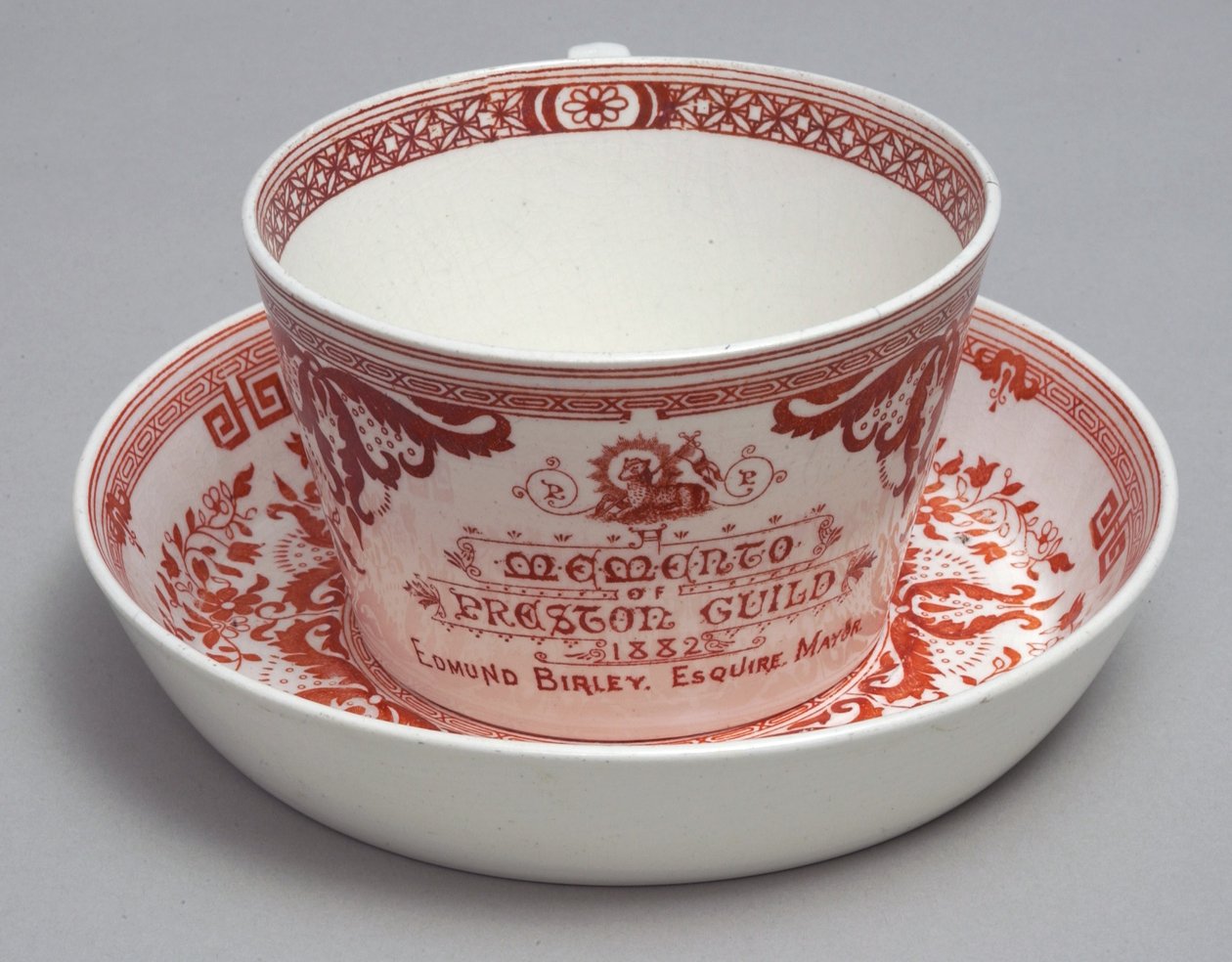 Commemorative Teacup and Saucer Reading A Memento of Preston Guild 1882, Minton, England, c.1882 by English School