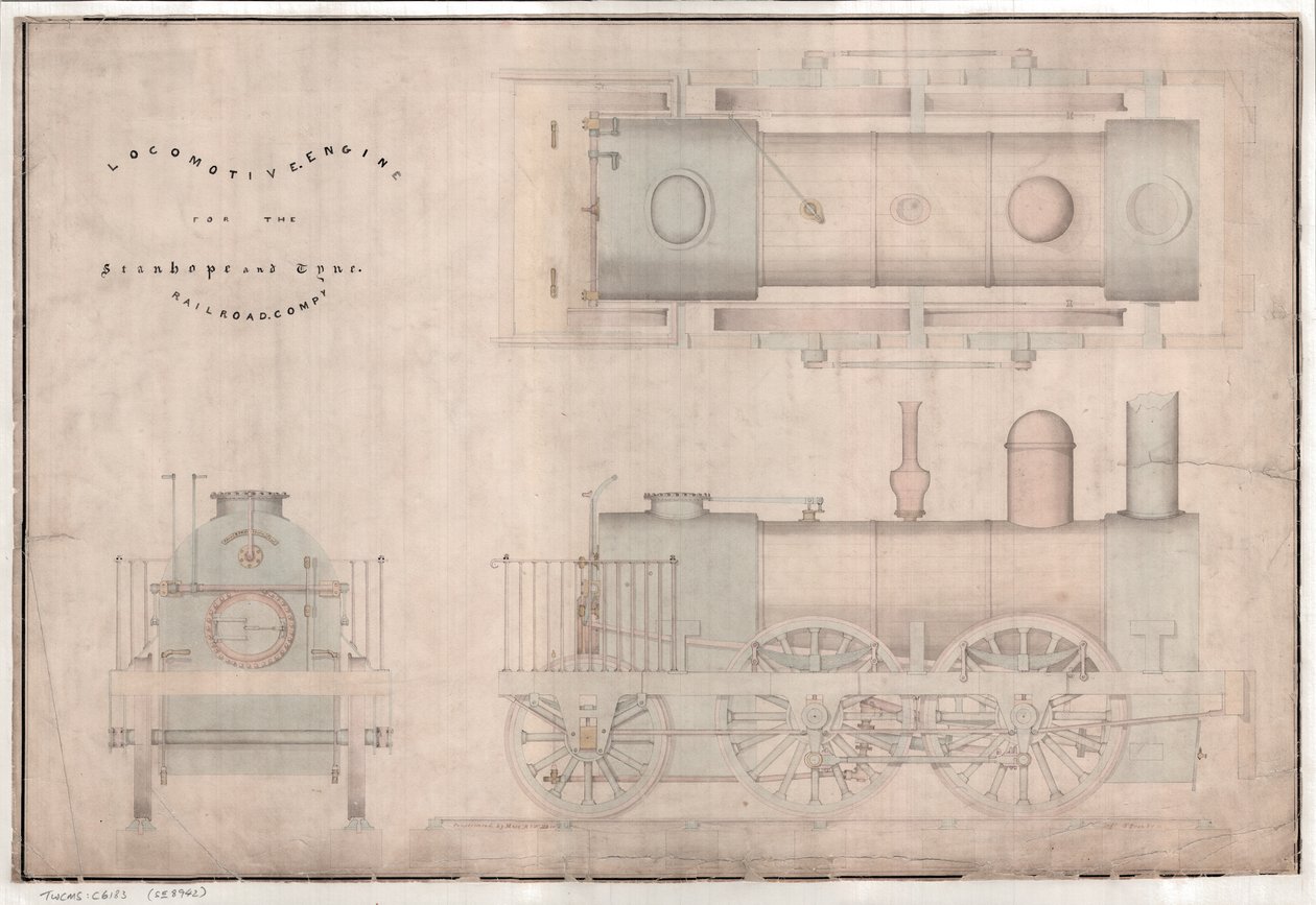 Construction drawing, 0-4-2 locomotive and tender by R. and W. Hawthorn and Co. for the Stanhope and Tyne Railway Co by English School