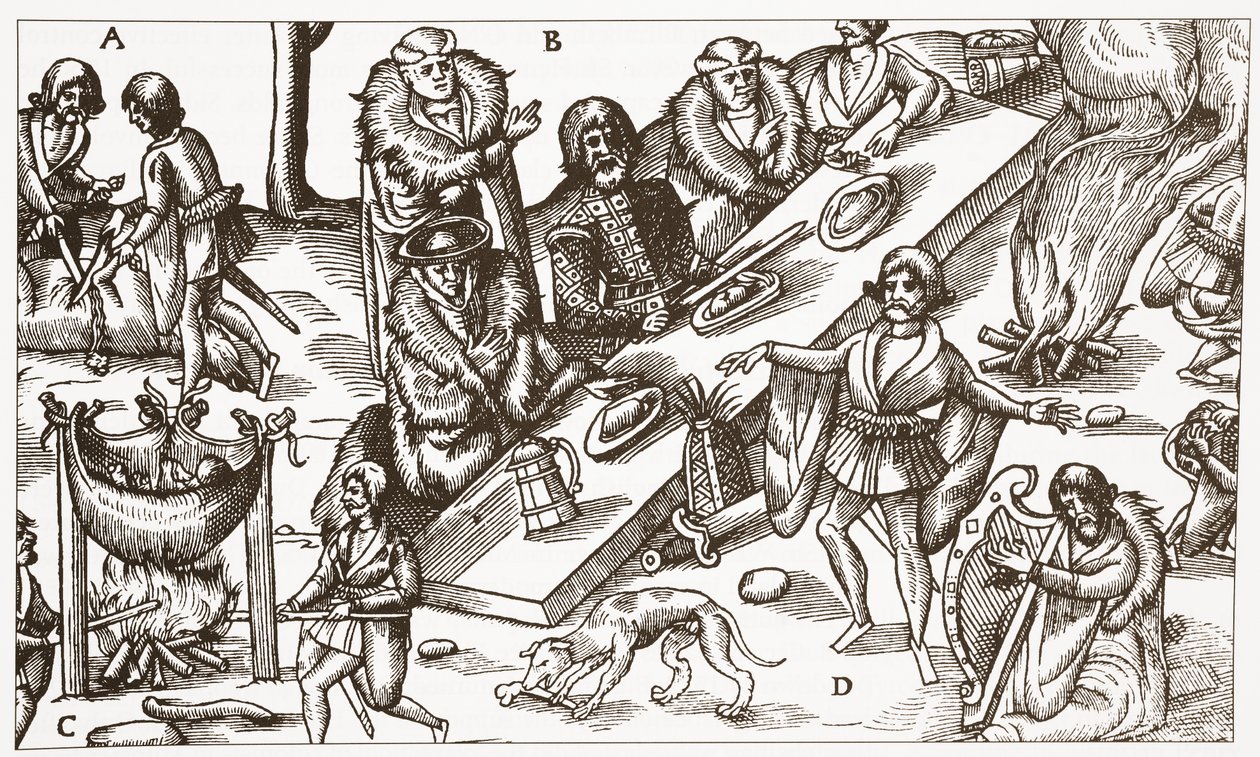 Contemporary illustration of a Gaelic Irish Chieftain eating a meal by English School