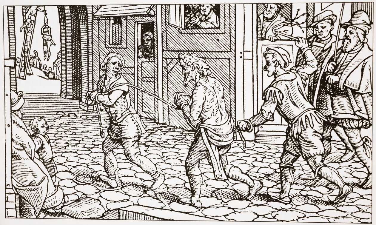 Contemporary woodcut showing a vagrant being whipped through the streets of a town by English School