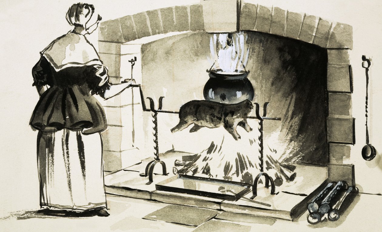 Cooking with a spit by English School