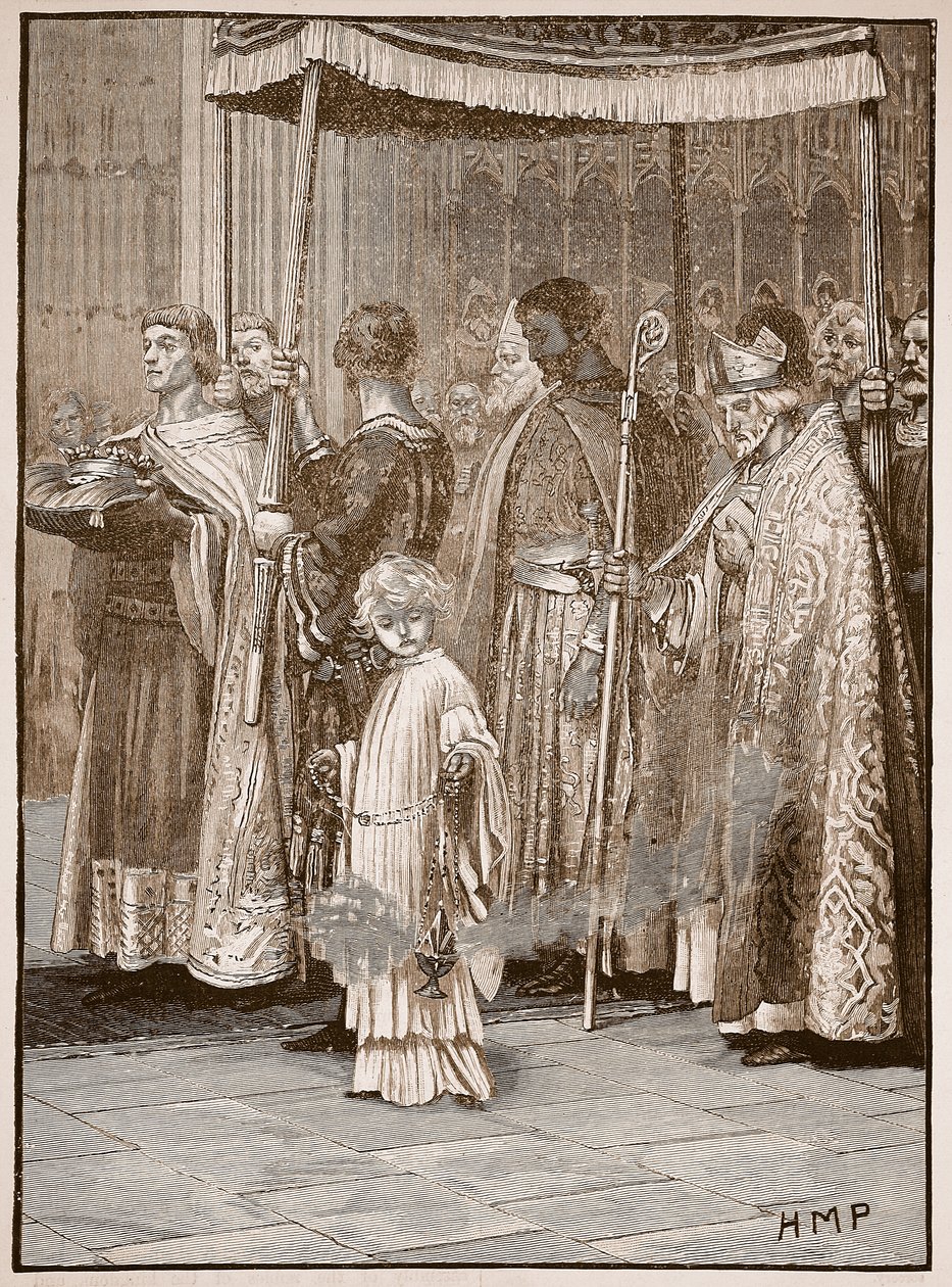 Coronation of Richard in Westminster Abbey: the procession along the aisle (Illustration from Cassell