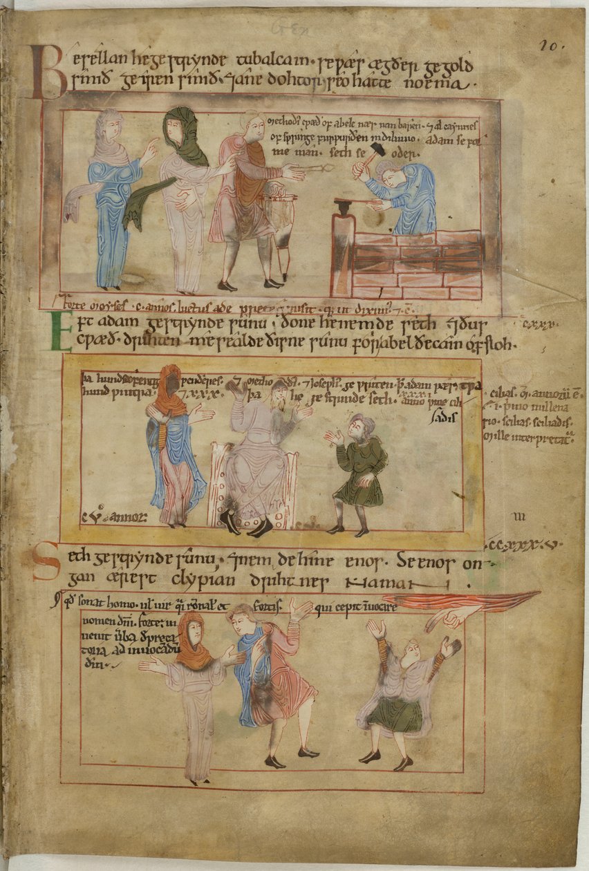 Lamech and his two wives and his son, Tubalcain, the blacksmith, at work by English School