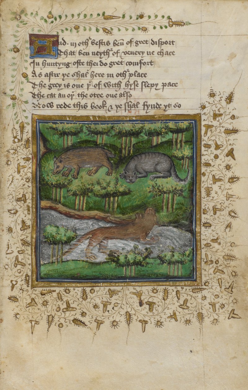 Illustration of a badger, wildcat and otter; with verse, from a 