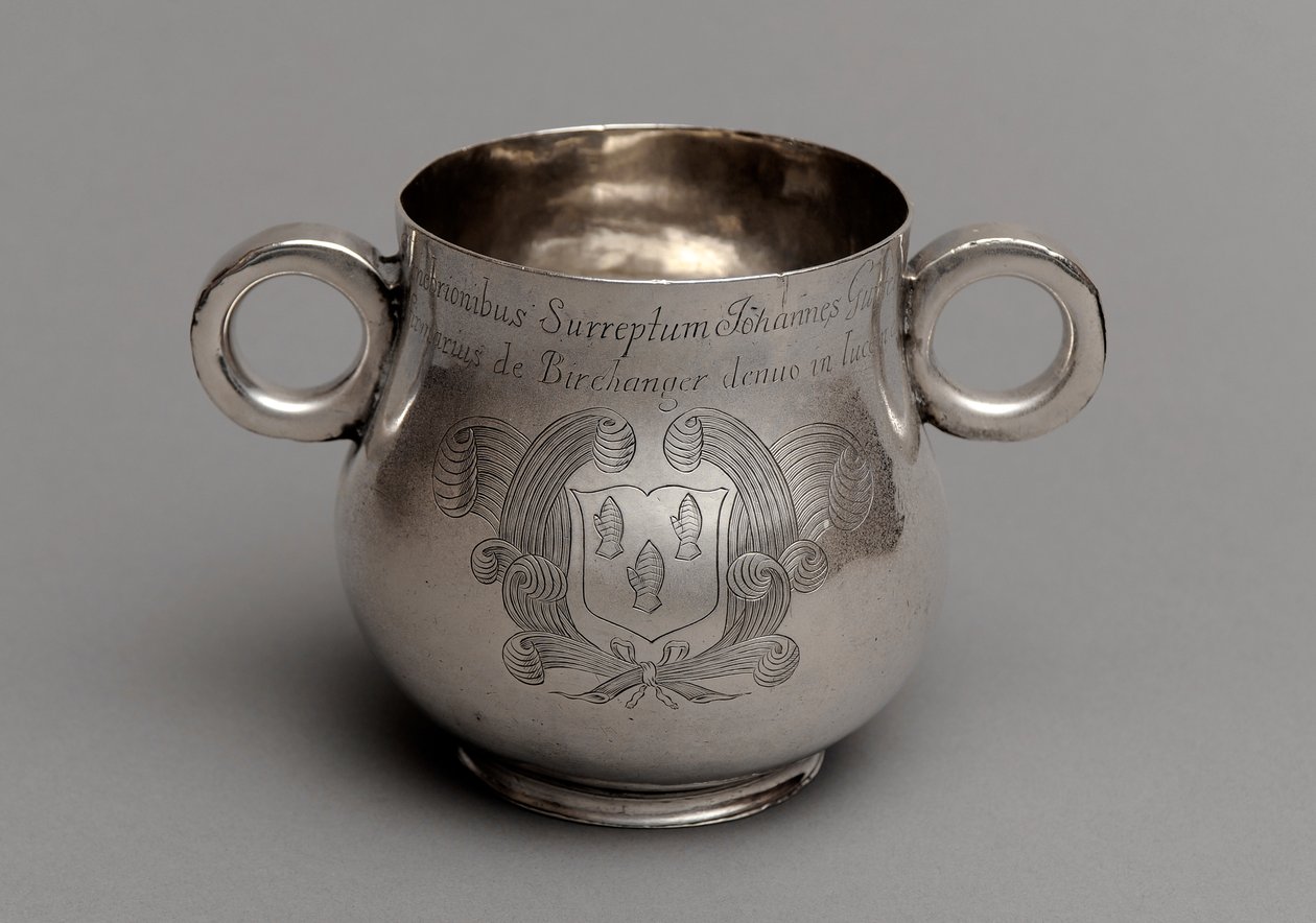 Cup with large belly and thick cast rim base, and a pair of ox-eye handles, 1675 by English School