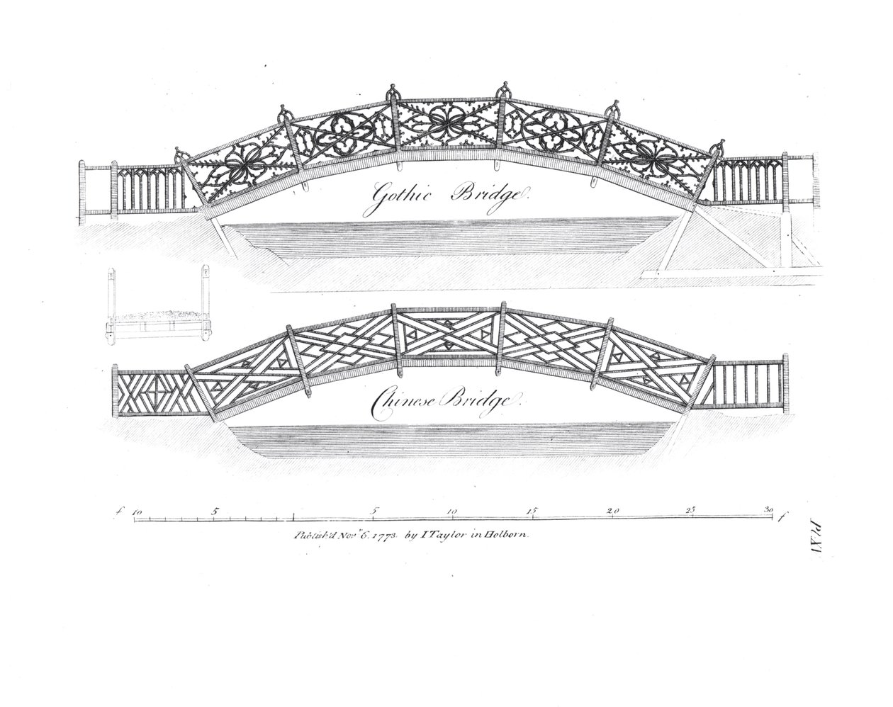 Designs for garden bridges, published 1773 by English School