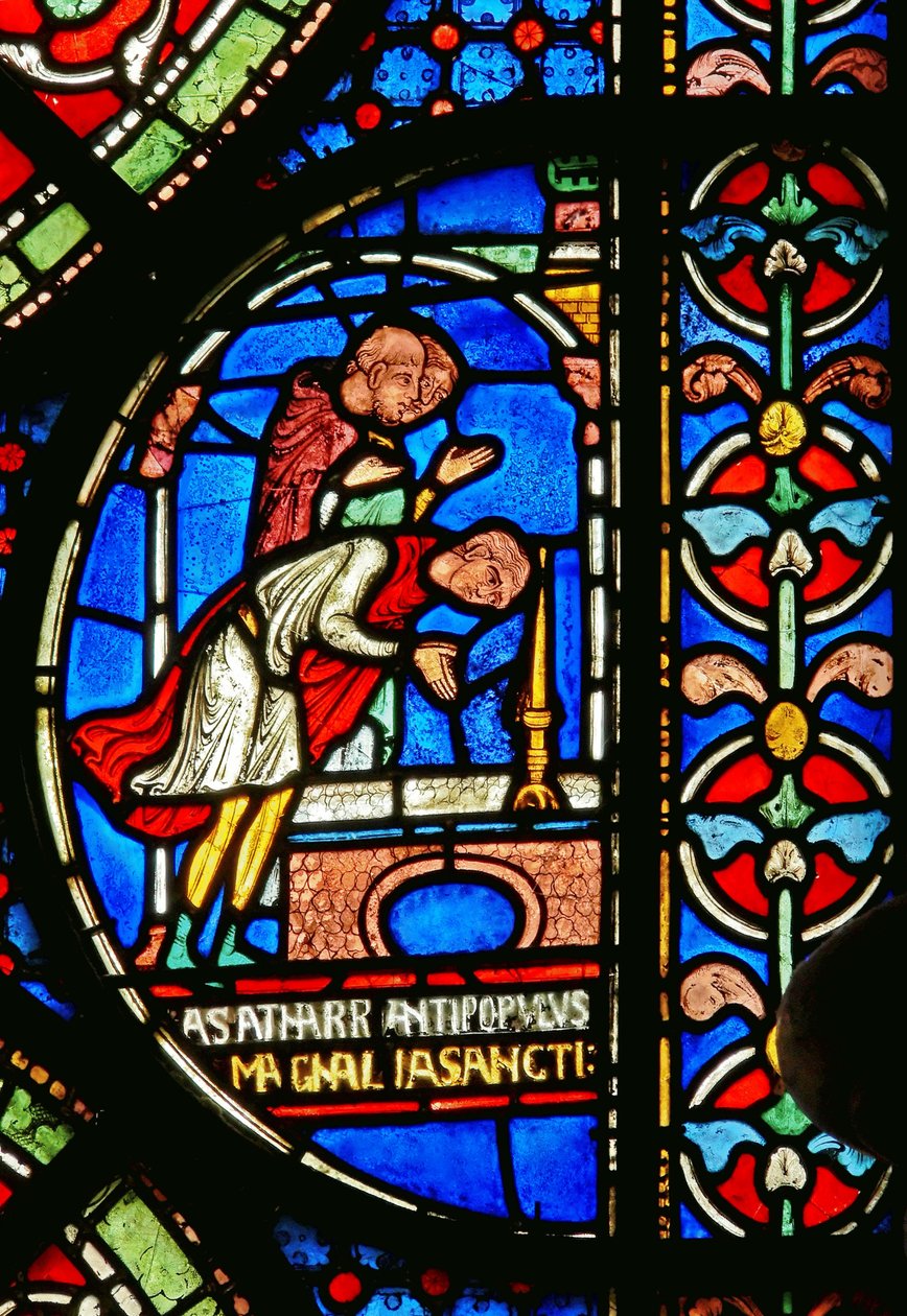 Detail from the Miracle Window depicting Eilward of Westoning giving thanks at the tomb of Thomas Becket by English School