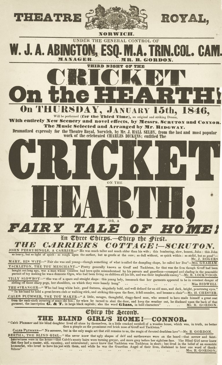 Dickens playbill: The Cricket on the Hearth at Theatre Royal, Derby, January 15th, 1846 by English School