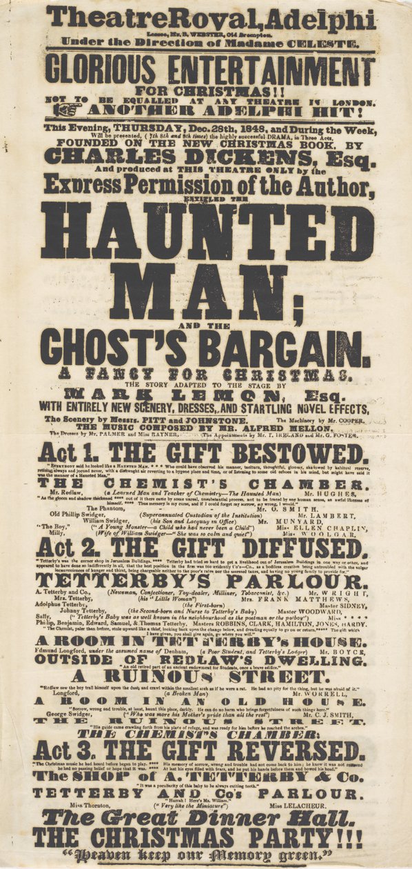 Dickens playbill: The Haunted Man, at Adelphi Theatre Royal, 28th December 1848 by English School