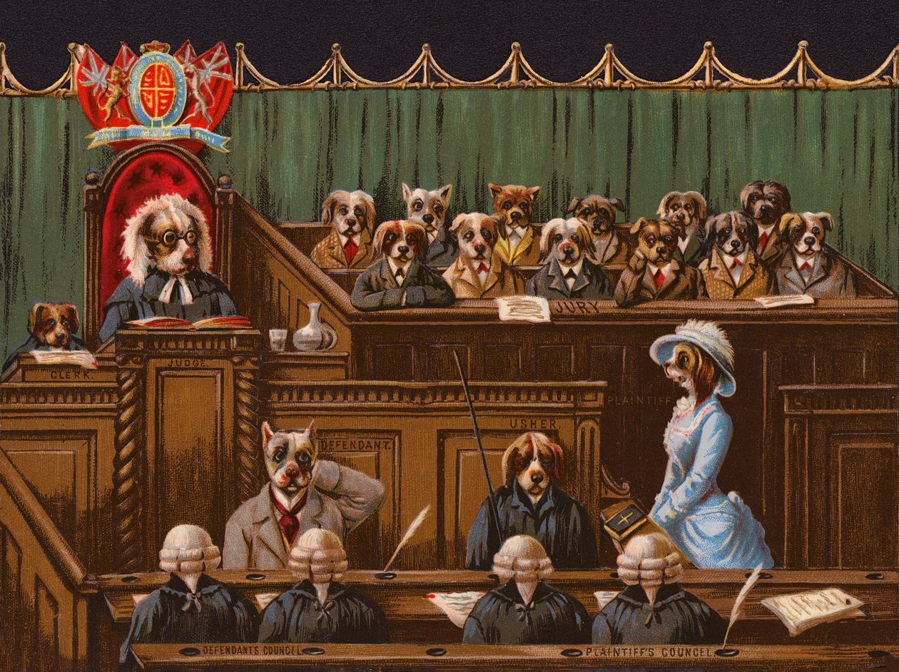 Dogs in a courtroom scene by English School