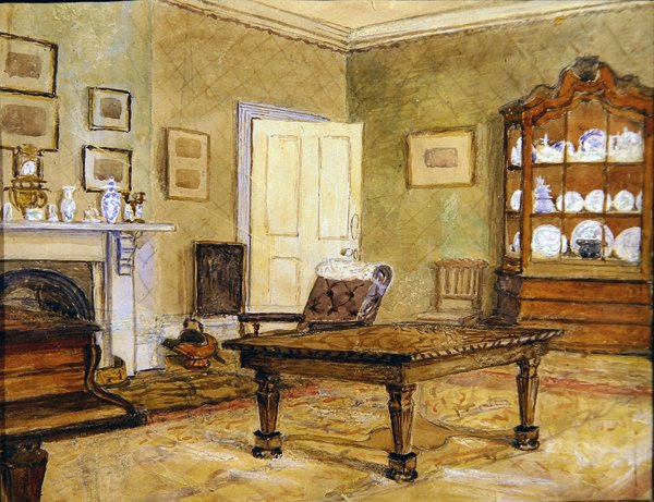 Drawing room interior with china collection by English School