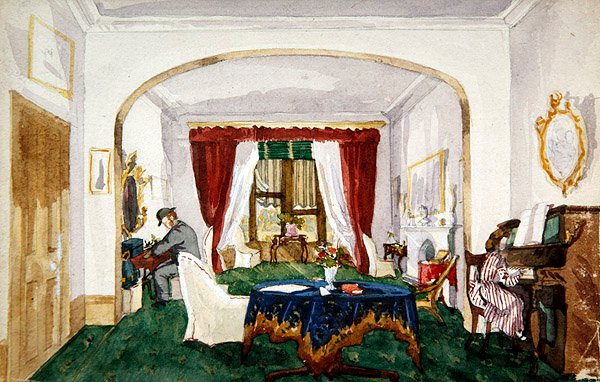 Drawing room interior, woman at piano, man in bowler hat writing, c.1850 by English School