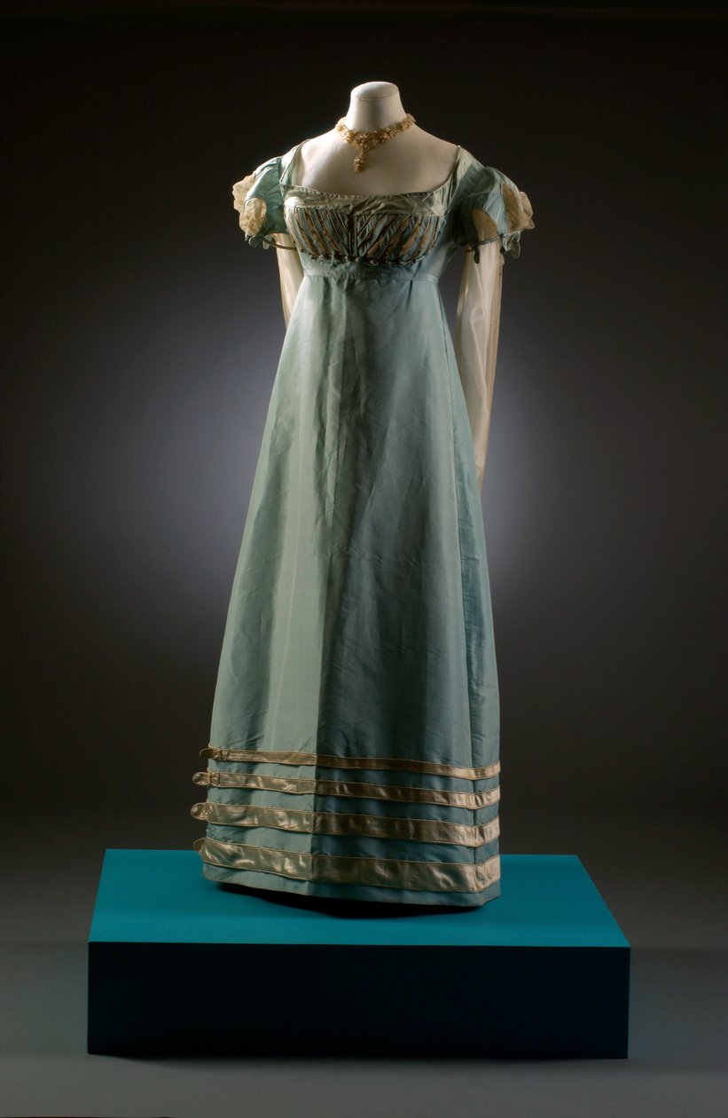 Duck egg blue evening dress with cream sleeves, shown here with pearl jewellery, c.1819 by English School