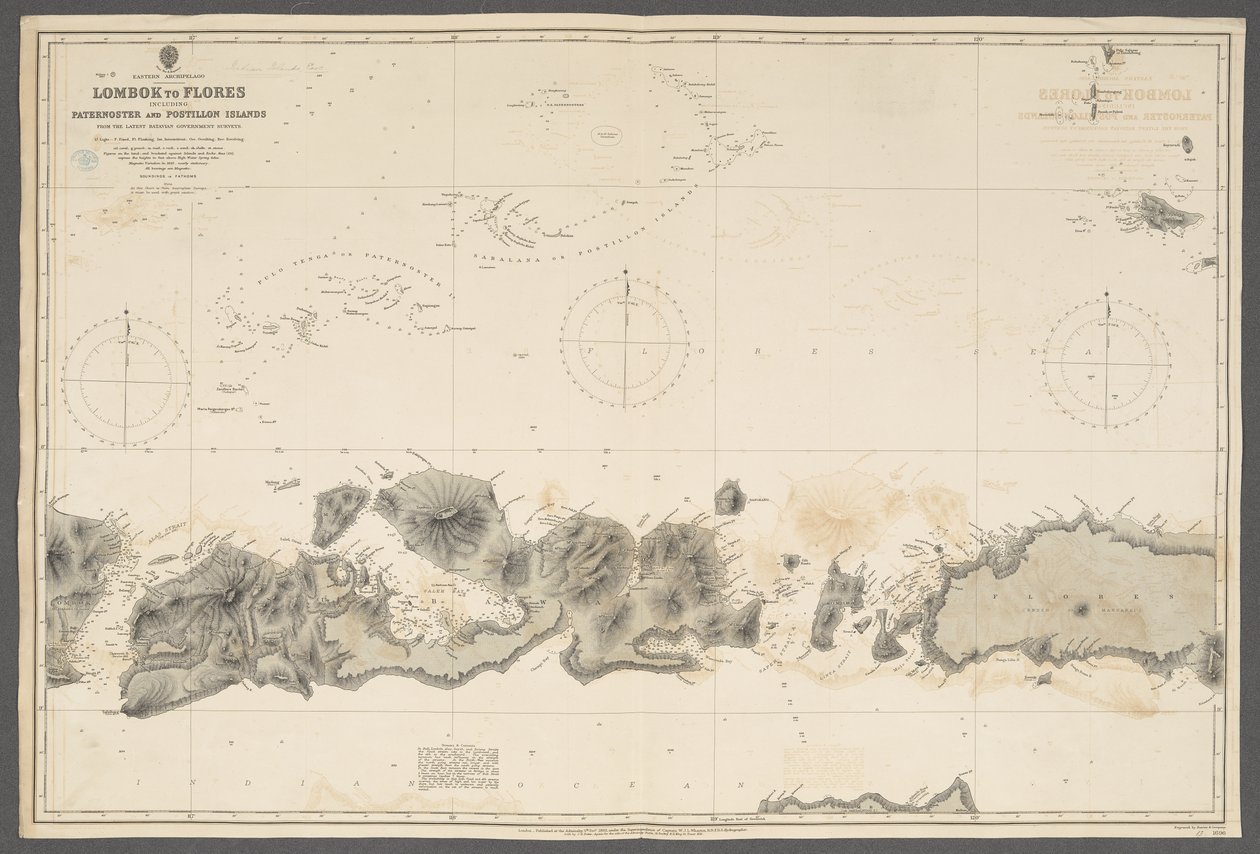 Eastern Archipelago, Lombok to Flores, including Paternoster and Postillon Islands; from Batavian Government surveys. [Admiralty Chart], London by English School