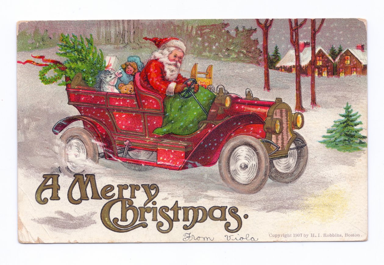 Edwardian Christmas Postcard of Father Christmas Driving a Vintage Car Through the Snow, c.1910 by English School