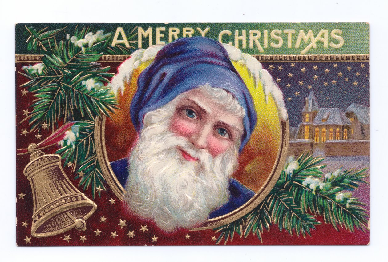 Edwardian Christmas Postcard of Father Christmas with Mistletoe and a Bell, c.1910 by English School