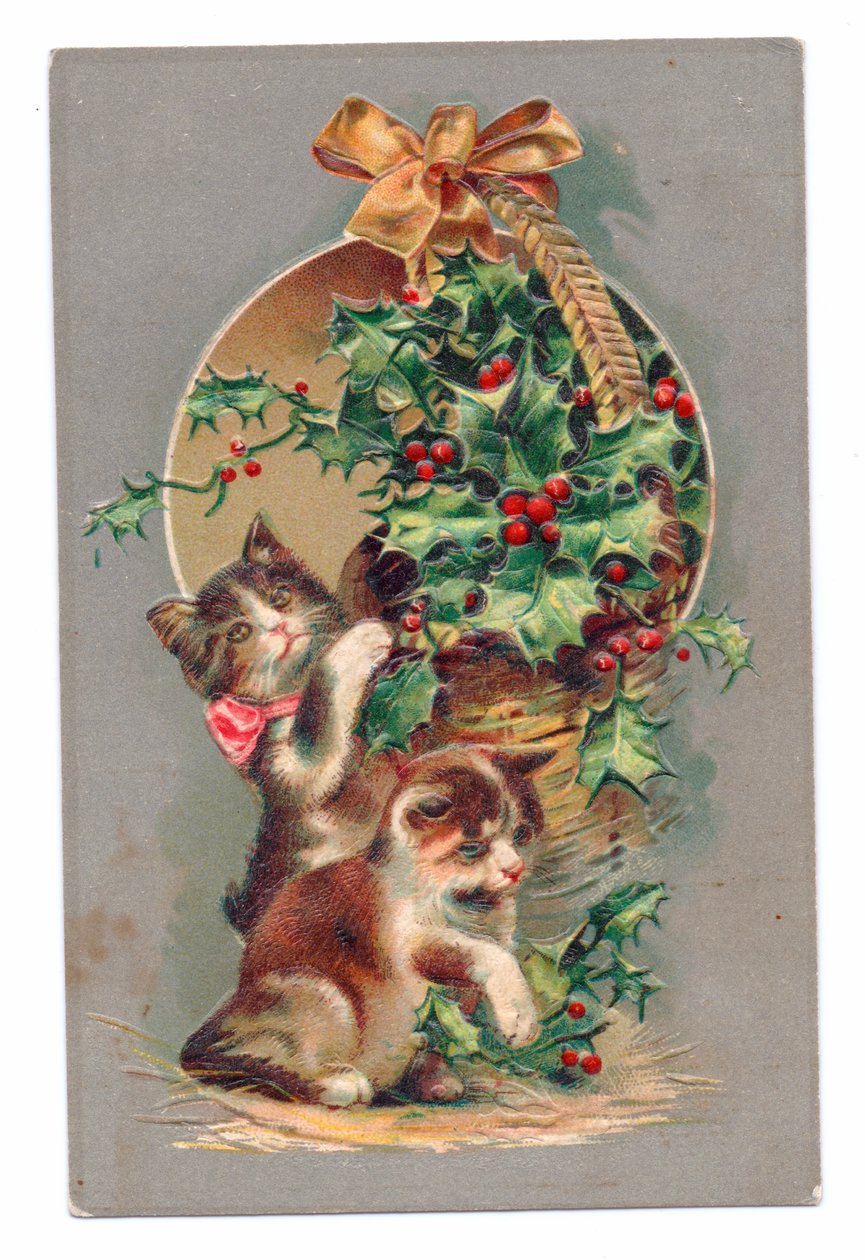 Edwardian Postcard of Two Cats Playing with Some Holly, c.1910 by English School